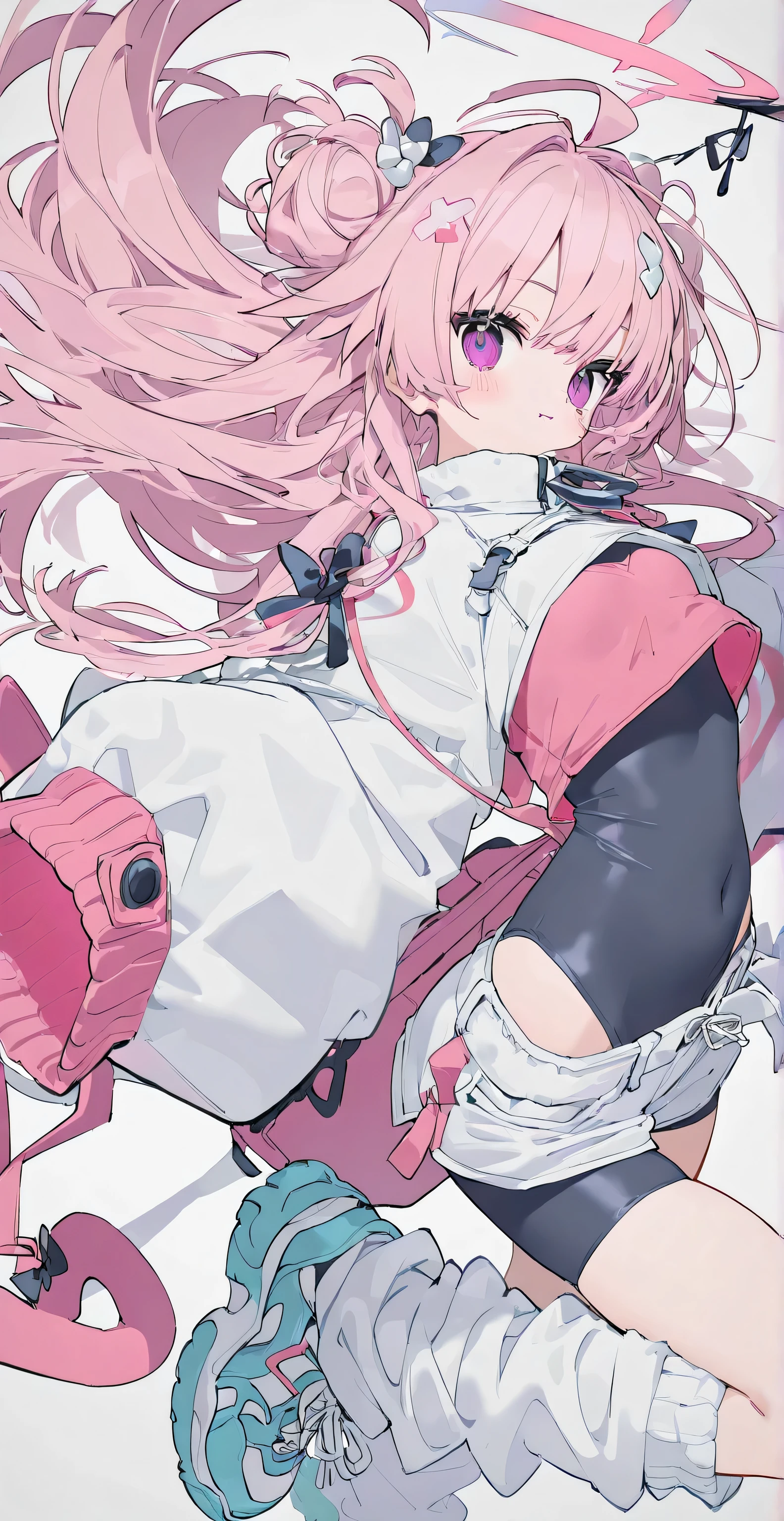 short pants, flat chest, clothed, covered body, tight clothes, cropped clothes, oversized longsleeve, loose socks, medium breasts, long hair, detailed clothes decoration, A dynamic pose
