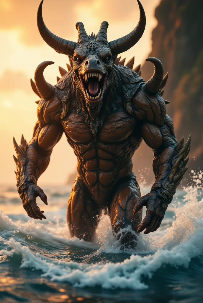 Realistic monster with a head like a bull with large horns, and many tails like octopus tentacles, His body is very muscular,angry expression, hyper realistic, realistic light, realistic shadow, realism, realistic sea background,(photorealistic:1.2)