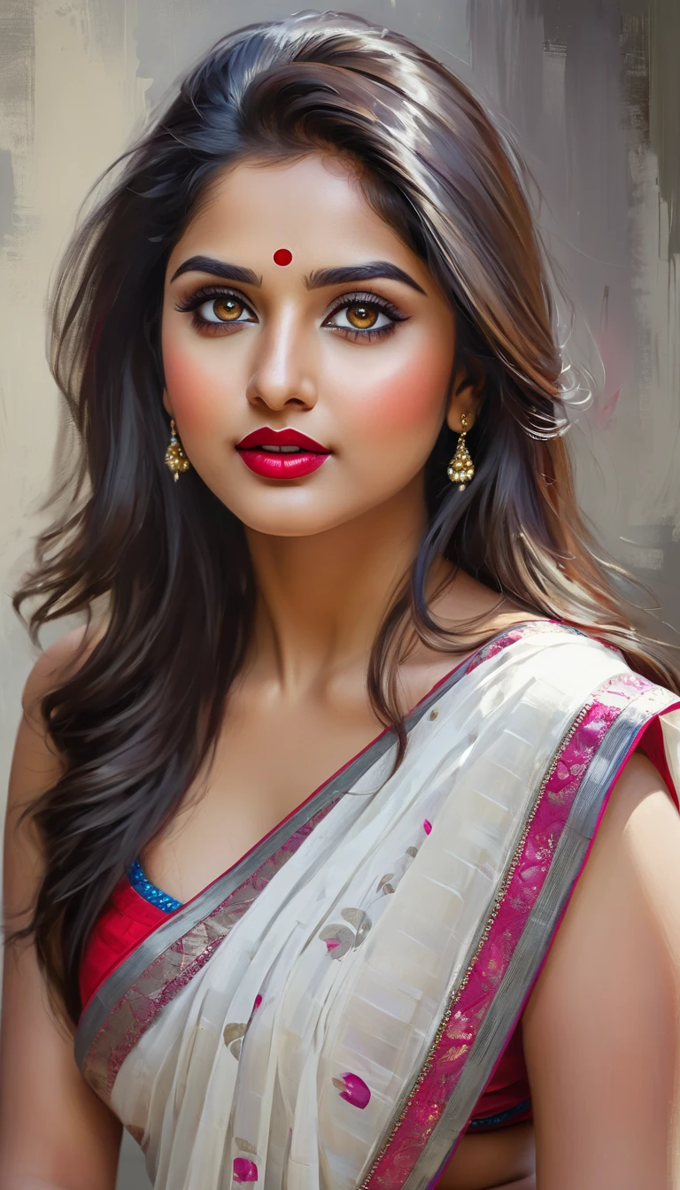perfect pink eyes, fantastic face, Indian, beautiful look, ((red lips, bright eyes, curve heir 1.5)), ((beautiful details very big breast )), (Straight round and ultra huge clevage, not sagging breast), A glorious gorgeous, glorious gorgeous face, pretty face, bright eyes, detailed elegant printed red saree, updo elegant hair, blurred gray tones background, ultra focus, face ilumined, face detailed, 8k resolution, painted, dry brush, brush strokes, razumov style and garmash style, by Tokaito, ((Full Open )), full body, sexy open thin belly, upper body part totally naked, sexy Big breast, wearing colourful bikini