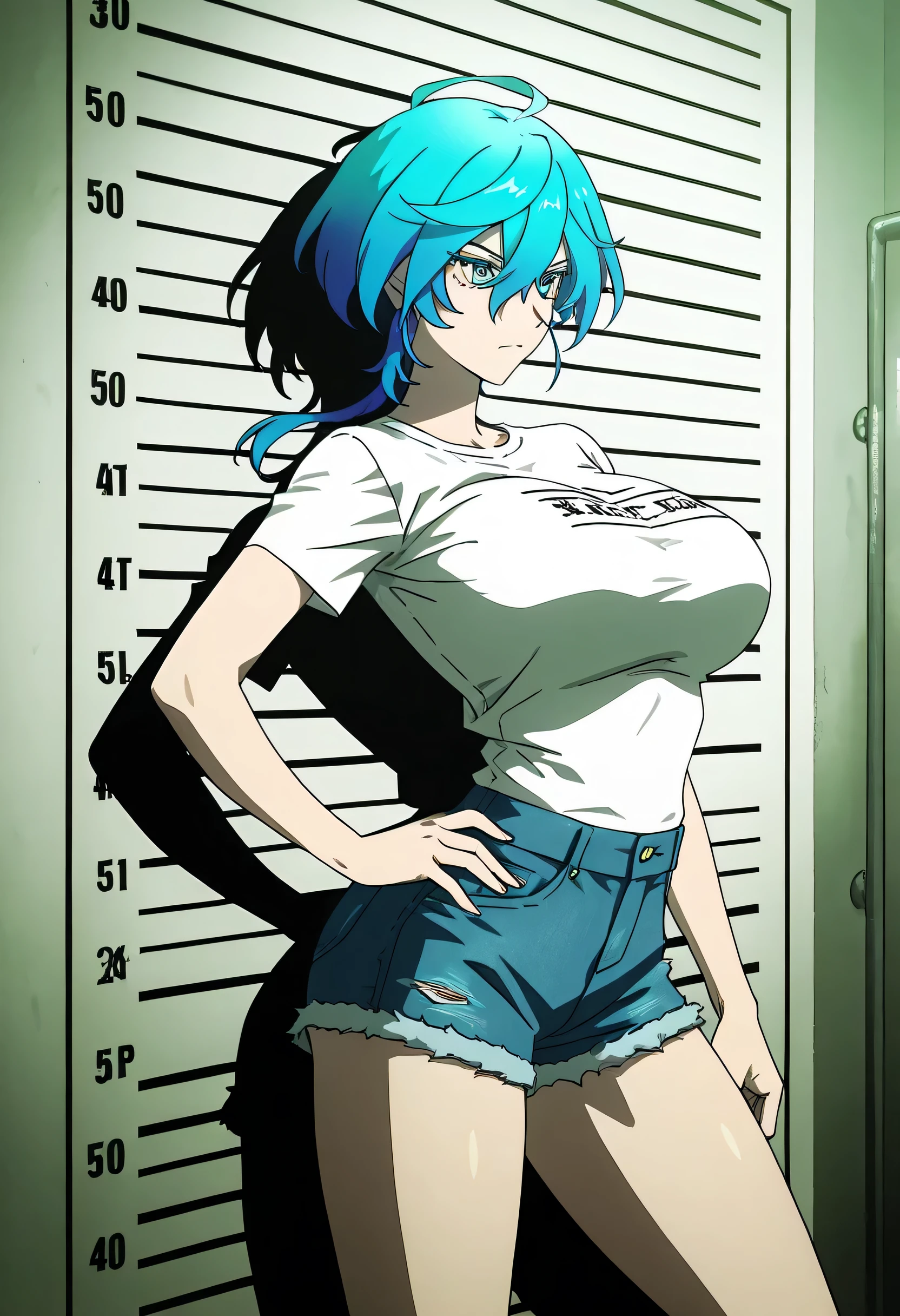 Isemi Tina , Blue hair, big breasts , white Tight T Shirt , denim shorts , hand on hip , arched back , casual stance , mugshot room