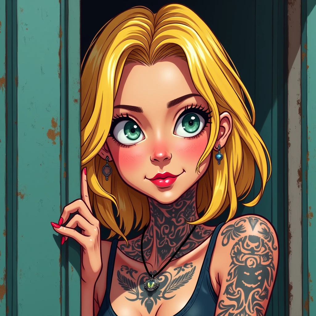 a beatuful tanned pretty face girlie cartoon woman with flat stomach wide hips curvy
body with big breast and big bum with full body tattoos stomach, neck and arm tattoos with green eyes and short blonde pixie cut hair wearing sexy tight fitted
jeans with a bra top, with a graffiti back ground
while facing forward sitting on a chair