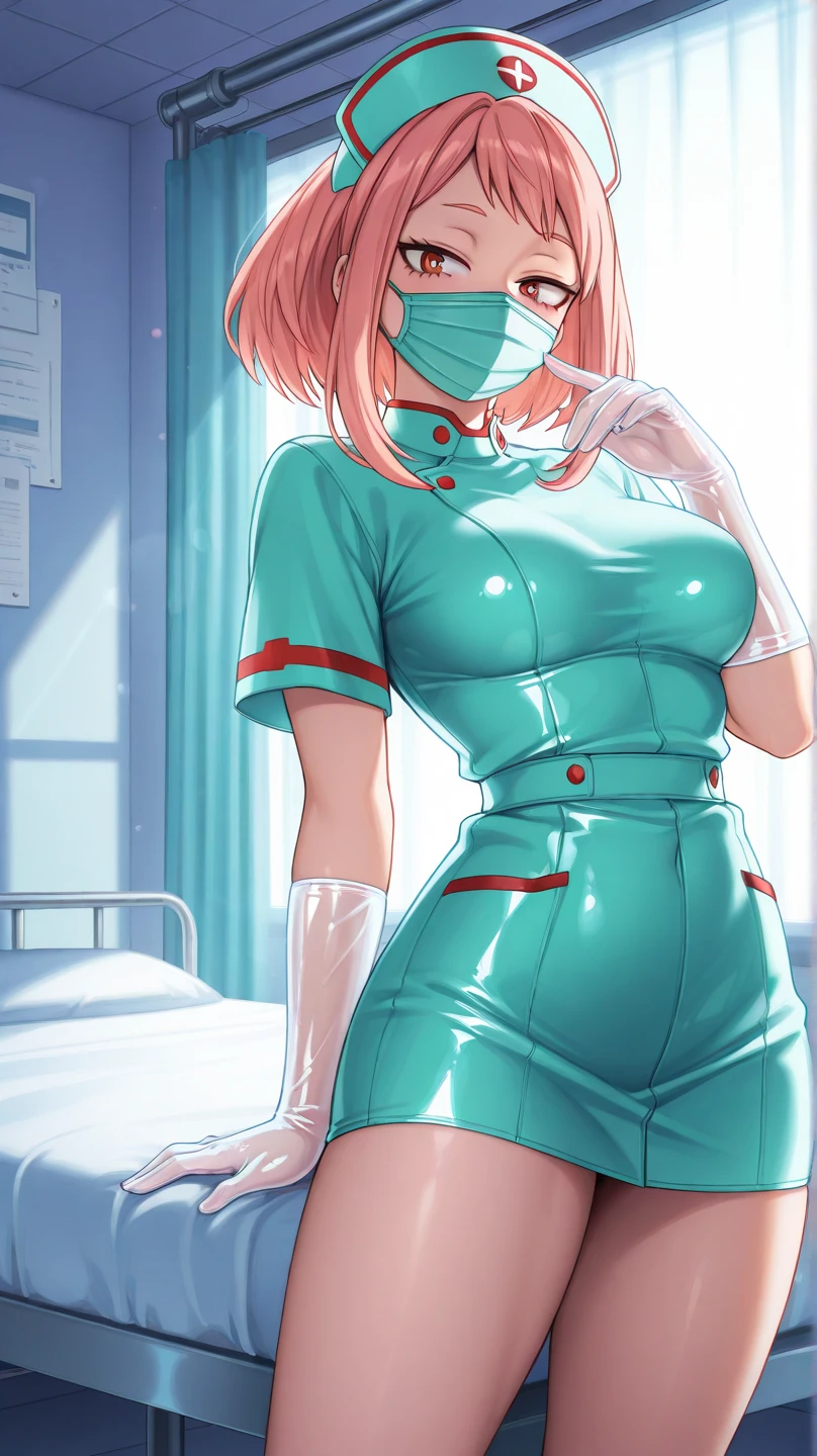 ((masterpiece, best quality, high quality)),1girl, (hospital), <lora:infirmary_v0.1:0.5> infirmary,  <lora:Latex Nurse V2:0.8> (latex_nurse_surgical, mouth mask, latex, gloves, surgical mask, nurse cap, latex bodysuit), <lora:Sakura:0.8> (1girl, pink hair, green eyes, solo),
