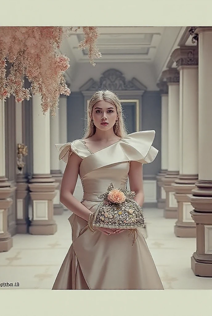 cinematic film still adult beautiful woman, high quality, best quality, highres, high detail, god rays,from above, <lora:Outfit_hud-EvilQueensSister:0.75> hud_evl_que3n_2, Blooming Courtyard Serenade, Floral, ((Daring)), Vibrant, ((wearing a Latex ballgown)), blossom (soft peach), A-line silhouette, Garden Muse, Urban Elegance, braided crown with fresh flowers, rose gold bracelet. . shallow depth of field, vignette, highly detailed, high budget, bokeh, cinemascope, moody, epic, gorgeous, film grain, grainy