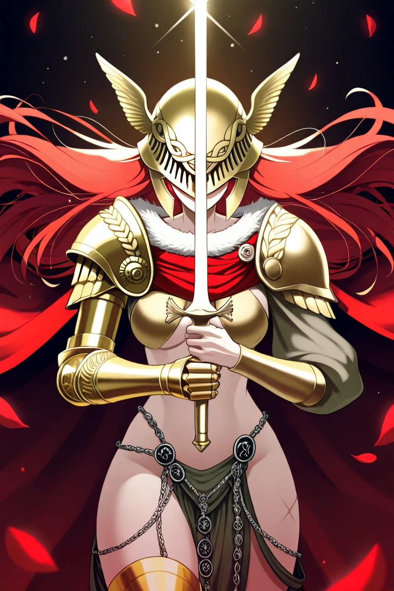 score_9, score_8_up, score_7_up,  (An Anthro furry wolf girl, golden blonde furry body, red hair, wolf snout, black nose, MaleniaDef, helmet, covered eyes, covered eyes, single mechanical arm, prosthesis), naked, nipples, majestically posing, one hand on her arm, simple brown background, upper body shot, rear view, rotted skin and flesh on her back