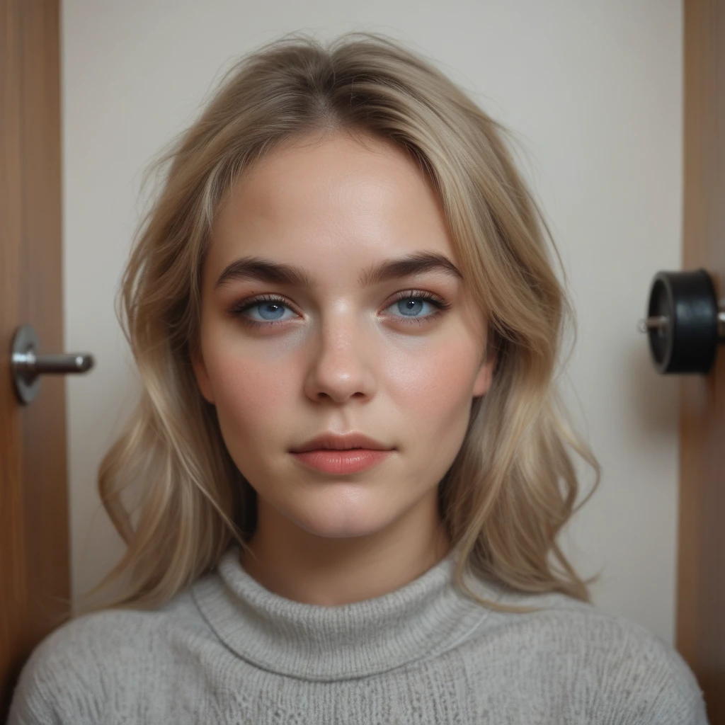 Nice blonde girl , Nice, ultrarealistisch, Mittleres Haar, blondes Haar, Good quality, grauer Pullover, detaillierte Haut, Meisterwerk, Selife