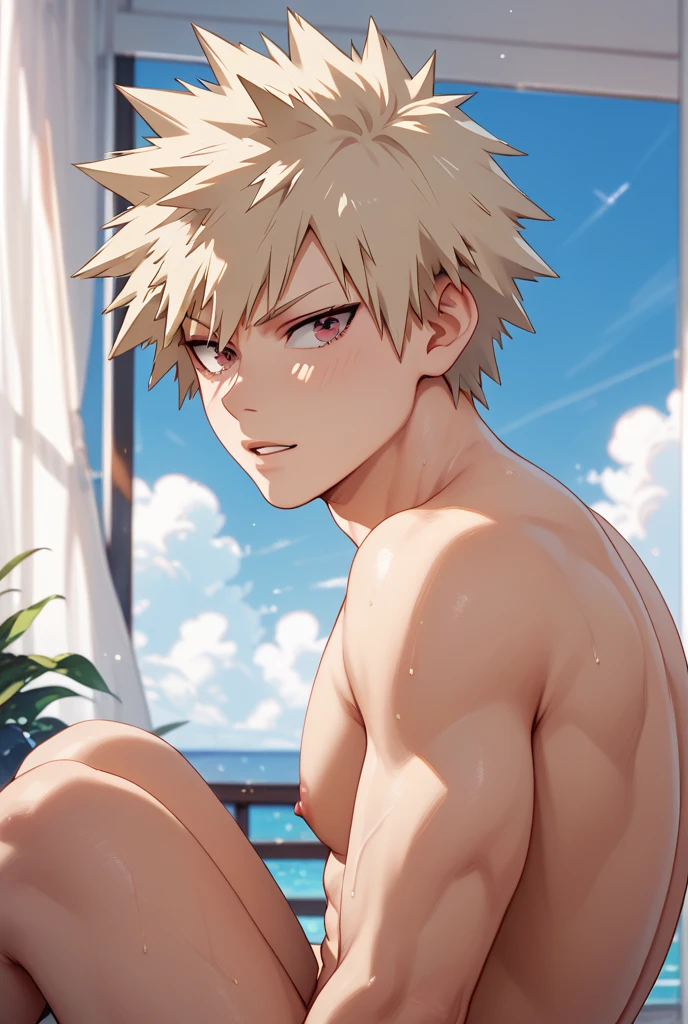 Top quality, Photorealistic, 8K, High definition, Unity 8k wallpaper, A high resolution, ultrasharp, Masterpiece, ((Masterpiece)), Best quality, Intricate details, Expressive eyes, Perfect face, Detailed face, Carefully open your eyes, Detailed eyes, Highly detailed and delicate figure art, Ultra-realistic, Detailed body, Detailed pectorals, ((Male focus)), Detailed muscles, From Boku Hero Academy,Katsuki Bakugo, soaken in the beach, beach at night,red eyes, huge bulge, with wet skin, big legs, thongs