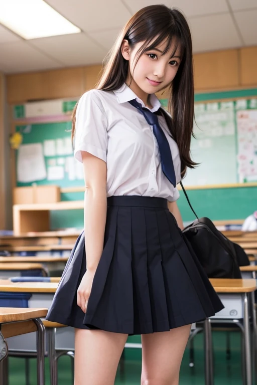 One Japanese woman, schoolgirl, whole body, School uniforms, suspenders, White shirt, Navy blue short skirt, White skin, White knee-high socks, Red slippers, Standing in classroom, Morning sunlight, Light blue school bag, Smiling with teeth showing, Highest quality, High resolution, Anatomically correct,