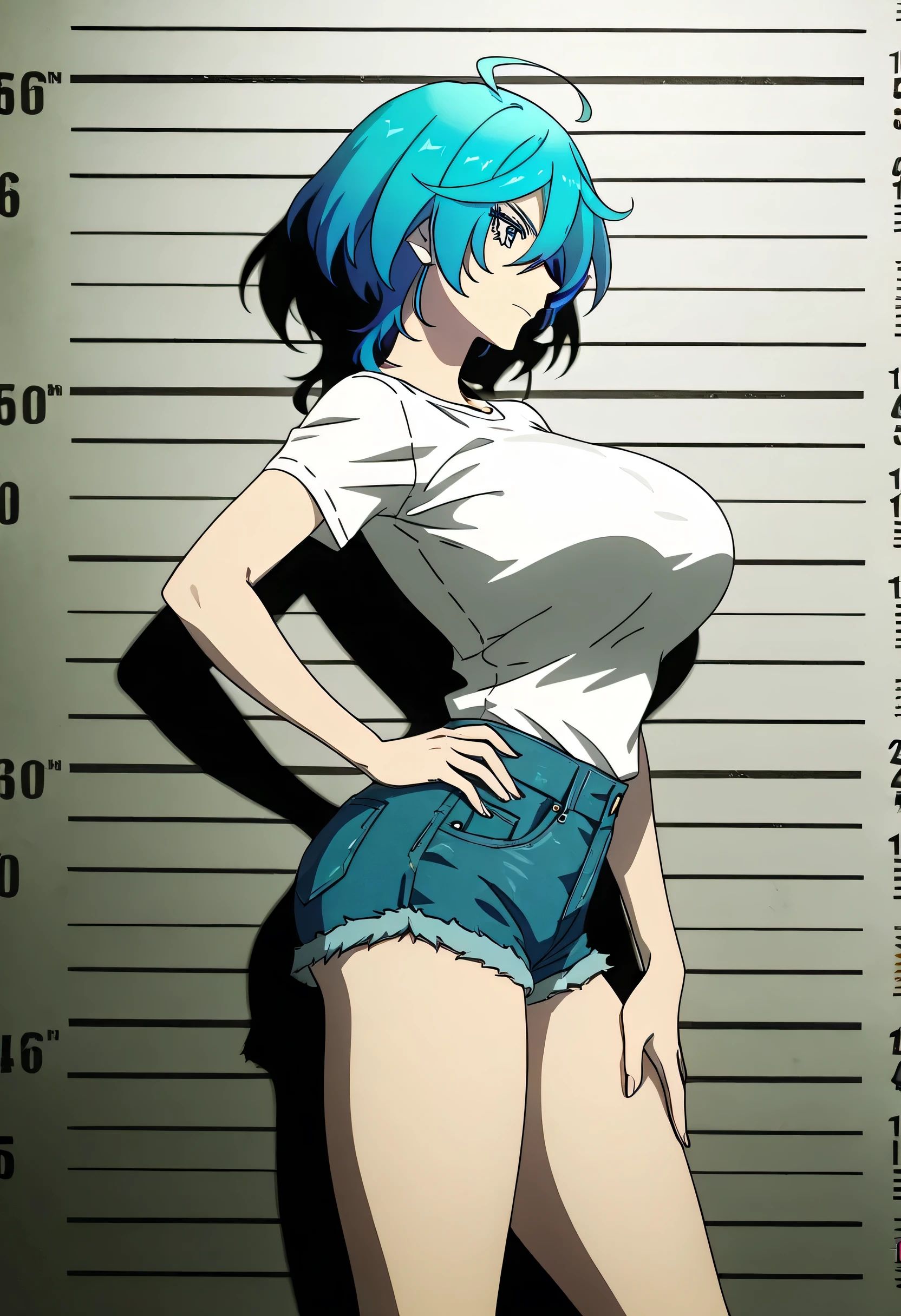 Isemi Tina , Blue hair, big breasts , white Tight T Shirt , denim shorts , hand on hip , arched back , casual stance , mugshot room