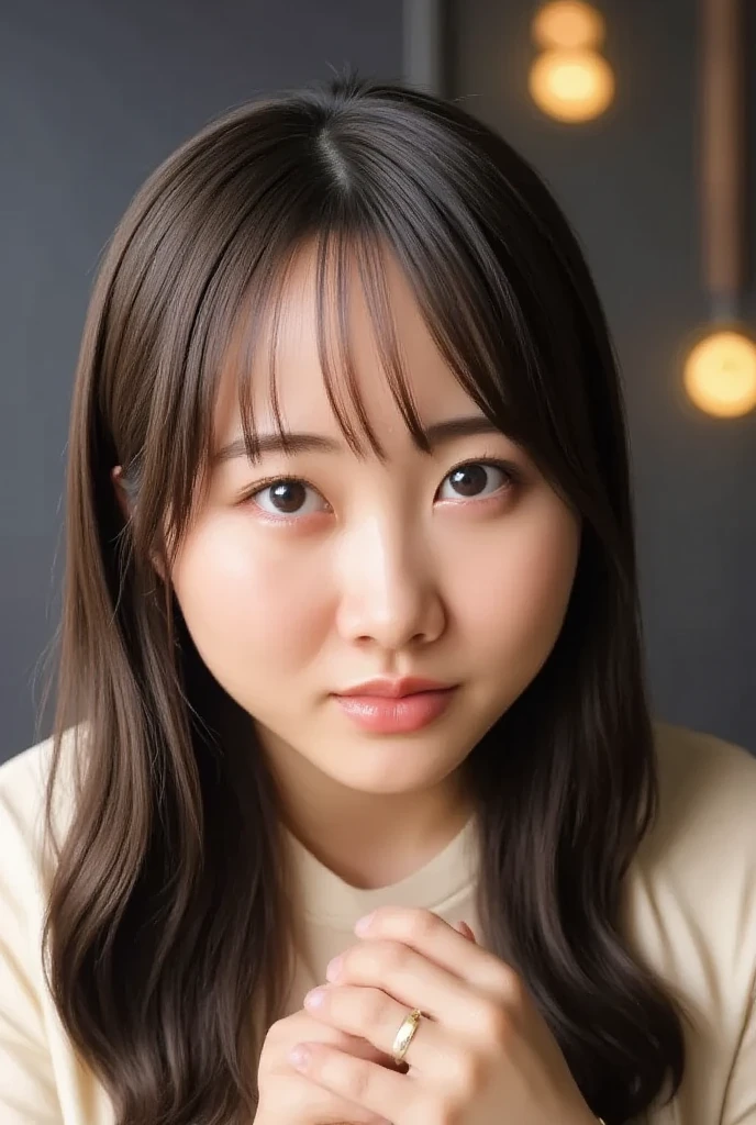 Looking at the audience, light makeup, realism, realistic photos, professional color correction, 8K, F2.4 aperture, 35mm lens, realistic real face, only the face area is included.