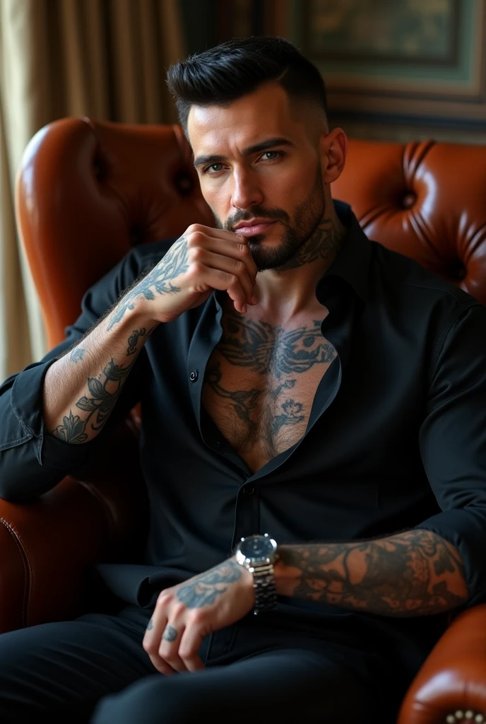 young 2 sexy Rudo gangster with black hair shaved on the sides with braids brown eyes thick lips athletic body masculine energy and sexy defined chin trimmed beard colored tattoo marked biceps wears black colored man Muslim style lying on a bed naked without pants and with a glass of wine in his hand