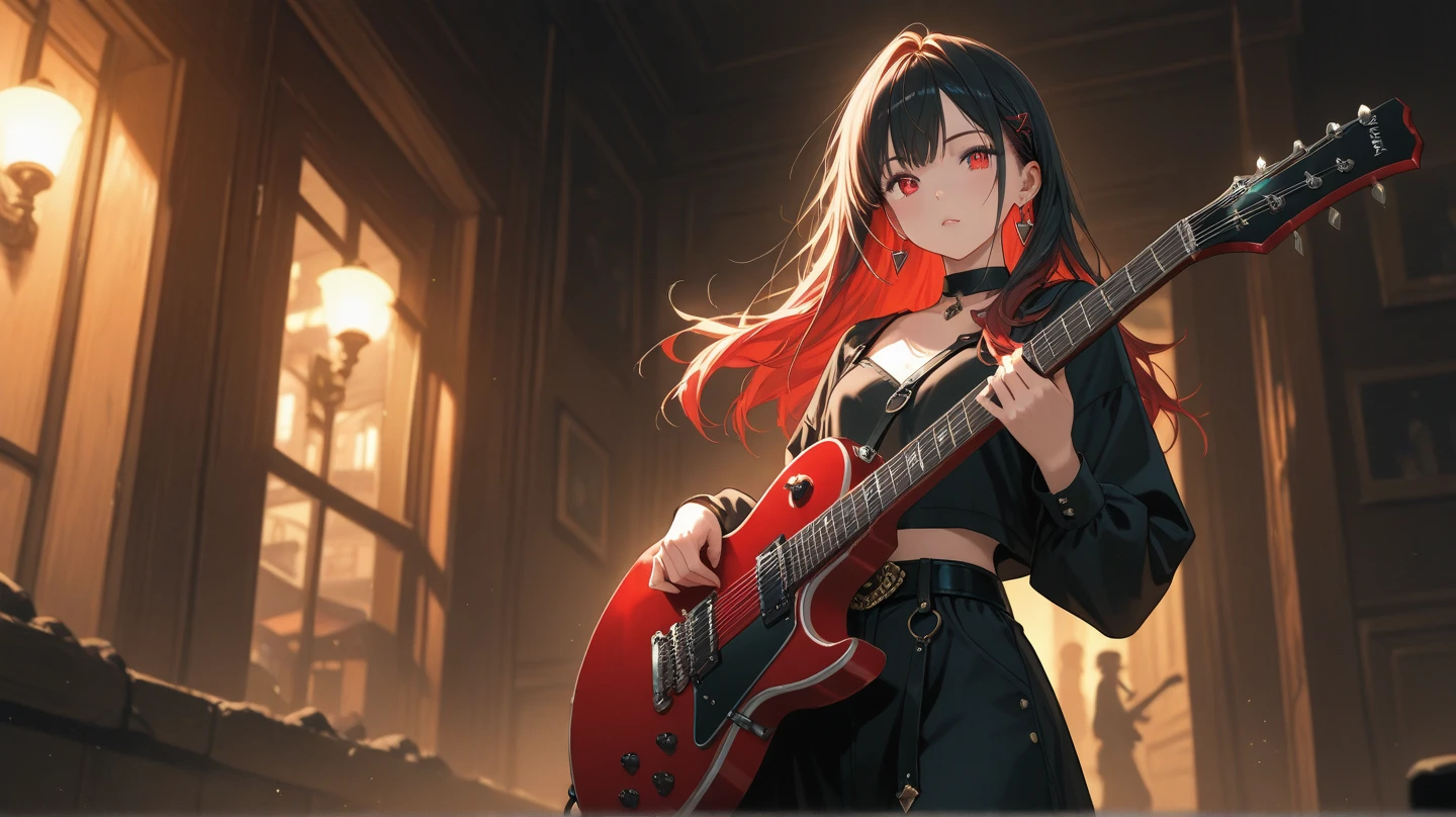 Vibrant Color, Red Long Hair, Red Eyes, Black Backwards Cap, Black Crop Top Hoodie, Black Star designed Jeans, Spike Necklace, Black Axe Guitar, Very Detailed, Music Room Background