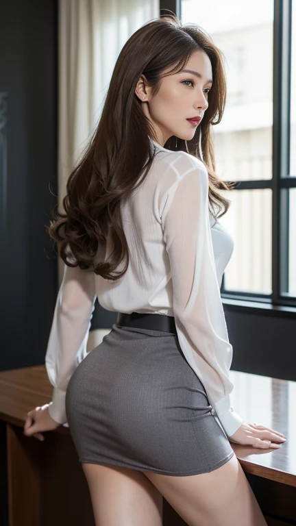 Masterpiece, highest quality, photo quality, 4K high resolution, Japanese woman, model's eyes are drawn in high resolution, model's face is drawn in high resolution, woman is wearing a thin sweater, wearing a cotton black tight skirt, woman has beautiful legs, beautiful thighs, shot in a business hotel room, (woman standing by the bed, shot from behind, pose that emphasizes the buttocks, woman turns around: 1.4), (photo from the knees up: 1.2), smiling, round face, updo hairstyle,