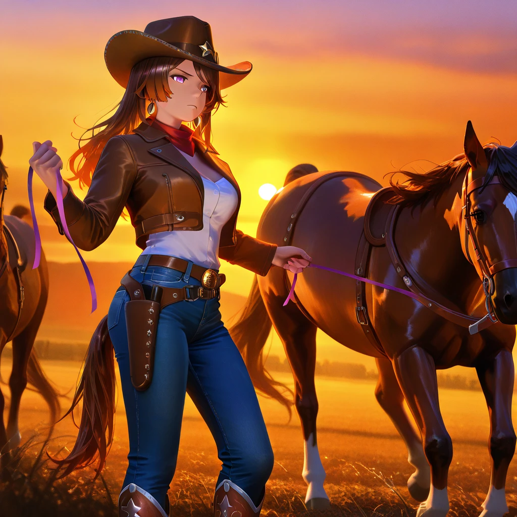 Plate carrier, Muscular woman, centaur, brown hair, pony tail, large breasts, monster girl, horse girl, Horse ears,