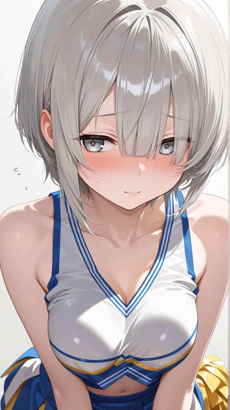 beautiful, masterpiece, Highest quality, anime, One girl, C Cup,Portrait Shot, View your viewers, Covered、Short Hair、nearby、Blue Eyes、art、、White hair,Blue streaked hair、hairpin、Cute smile、Thighs、Cute、Sweat、Volleyball uniform、Shorts、navel、gym、Sitting cross-legged