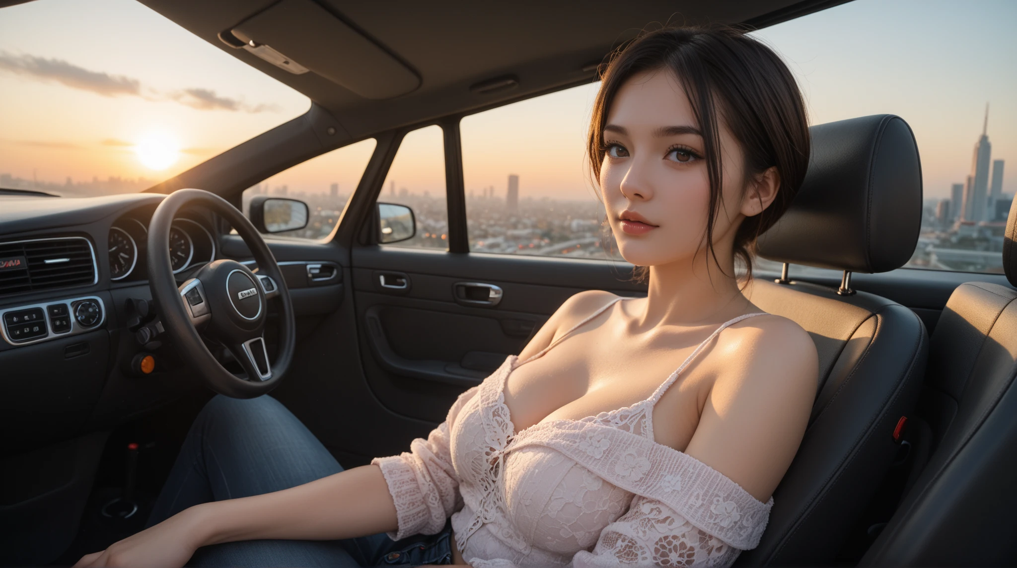 1 beautiful woman, voluptuous woman, large body, curvy, maroon hair, short hair, face made up, hair tied up in a bun, hair over the face, black low-cut blouse, FINGERS CROSSED, shot from above, top angle perspective, blue jeans, handbag blue, big nails, eyelids made up, eyelids outlined, asleep lying on a bus, head resting on the seat, eyes closed, MOUTH OPEN WIDE, lucy pinder, face portrait, very intense makeup, ((Karen Fukuhara)).