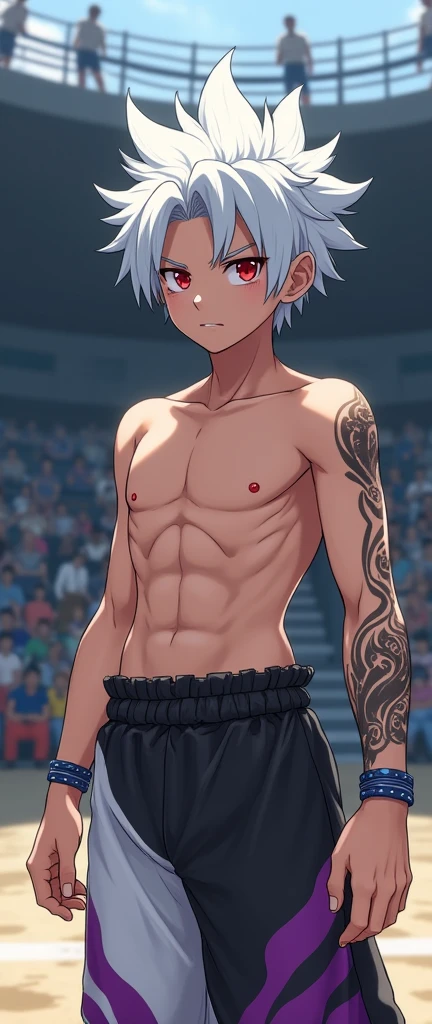 1 boy,Teen boy, japanese face, baby face,shirtless, bare chest, (showing armpit:1.4), shorts, Smooth skin,Elaborate Eyes, ( bokeh, Out of Focus, Soft Lighting, movie lighting, God Ray, UHD)