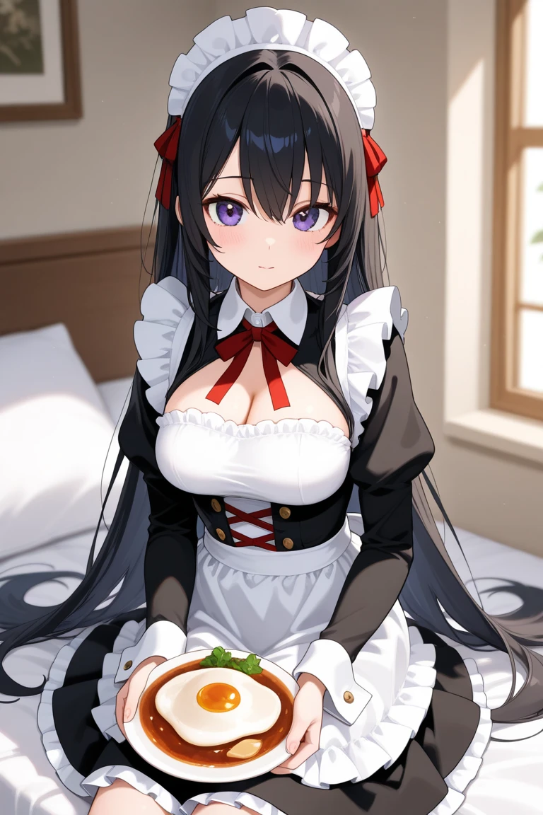 high quality, masterpiece, super detailed, 1 girl, And clearly visible, alone, Red lace latex maid outfit,maid crown,BDSM,handcuffs,collar,Calm expression,bright red lips,Smile,handcuffs,collar,long black hair, Charming pink eyes, fox ears, ridiculously big, skin shiny, Stand at the table,cooking,Bright restaurant