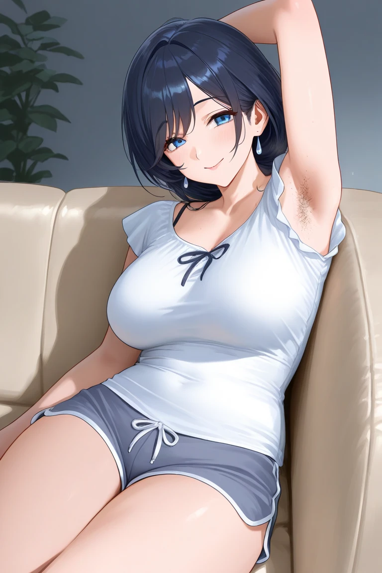 Anime Woman, usando chinelos, skimpy clothes, shorts, living room, couch, pixie cut haircut
