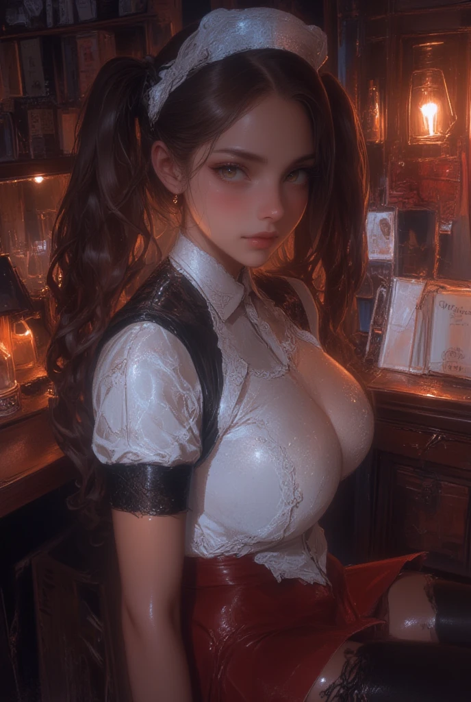 masterpiece, best quality,3d rending work ,3DMM style,close-up, 3D,1girl, solo, black hair, realistic, upper body, fantasy castle background, parted lips, choker, makeup, (medium perky breasts) realistic natural breasts, cleavage, garnet, ffix, skin tight orange pants, orange suspenders, white shirt with frills