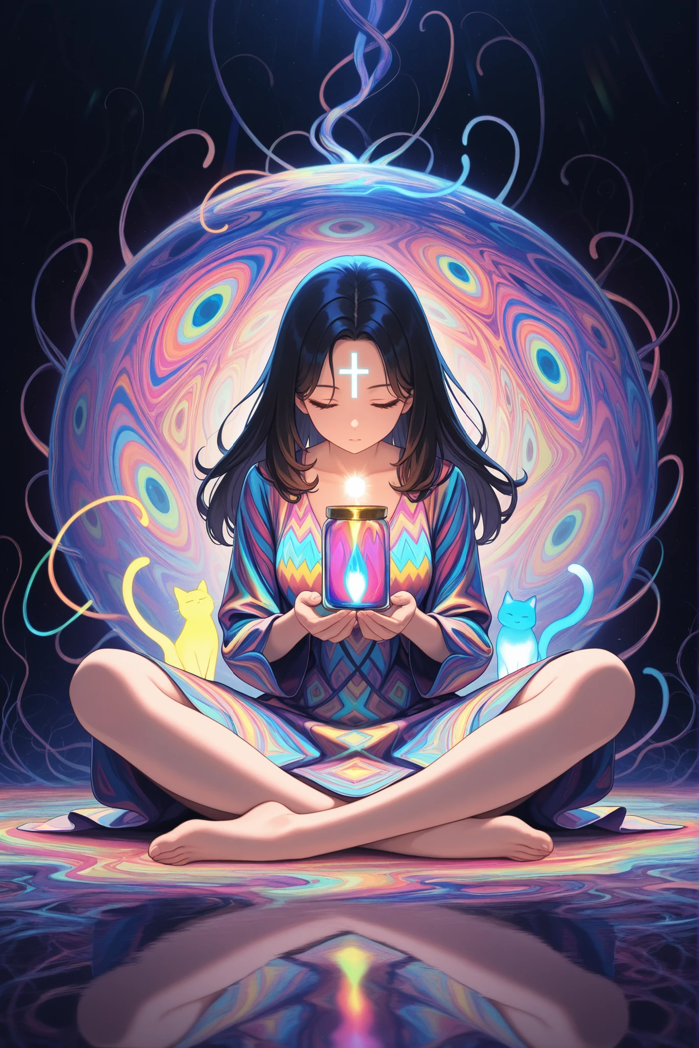 8k, Masterpiece, Top Quality, woman, full figure shot, sitting cross-legged, meditating pose, eyes closed, holding glowing jars, floating glowing jars around her, glowing light from forehead and chest, vibrant multi-colored glowing light, psychedelic environment, abstract roots and energy forms, colorful patterned dress, swirling colorful light reflection on ground, two cats, surreal, fantasy art.8k, Masterpiece, Top Quality, woman, full figure shot, sitting cross-legged, meditating pose, eyes closed, holding glowing jars, floating glowing jars around her, glowing light from forehead and chest, vibrant multi-colored glowing light, psychedelic environment, abstract roots and energy forms, colorful patterned dress, swirling colorful light reflection on ground, two cats, surreal, fantasy art.

