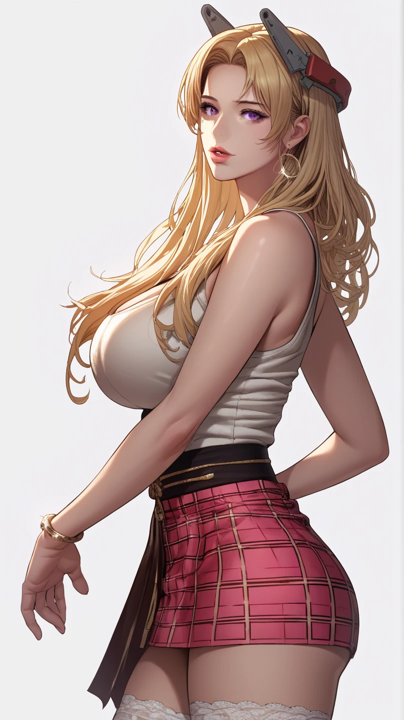 (a hot sexy girl) (with long pink hair) (blue eyes, long and defined eyelashes) (radiant skin, penetrating gaze, perfect face) (checkered mini skirt, with a white crop top) extravagant body!
