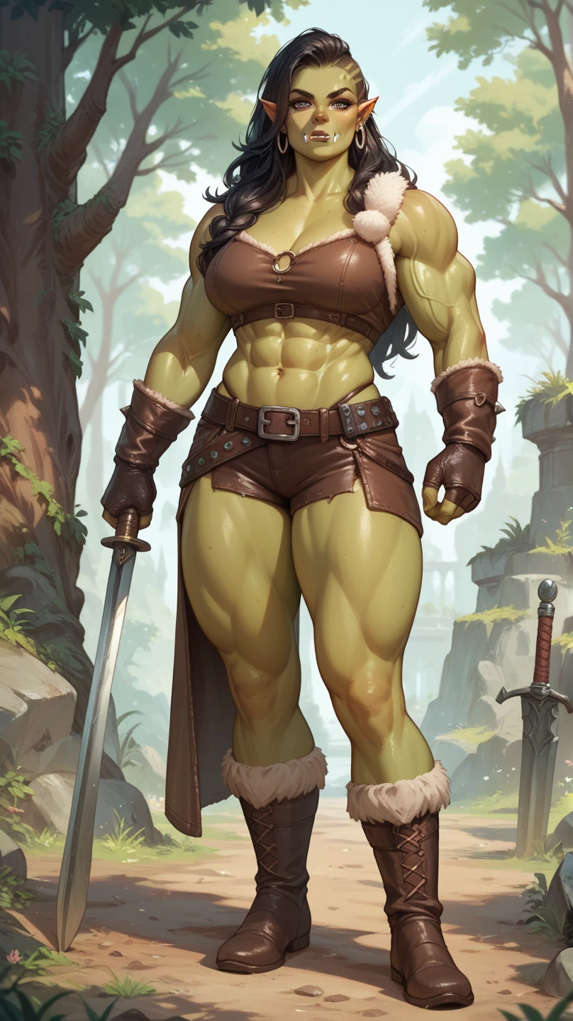 "high quality, strong and fierce barbarian with boots with green skin, well-defined muscular legs and large hipullbody)) (((fullbody barbarian armor))) ((earrings)) (solo)
