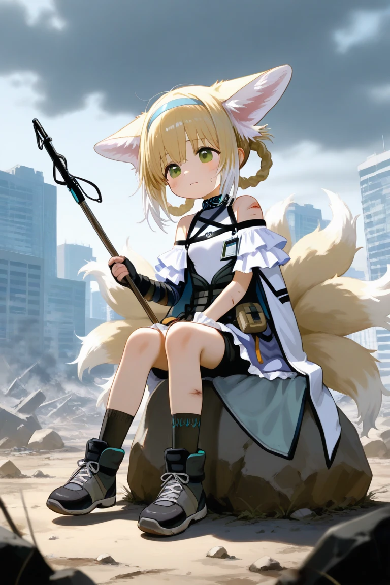 1girl, cowboy shot, animal ears, animal ear fluff, blonde hair, green eyes, simple background, <lora:Arknights_Suzuran-LionV3:0.84>, (Lostlands Flowering),