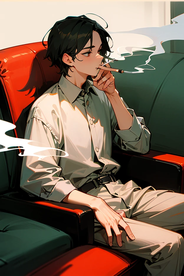 Sitting on a black sofa、Holding a cigarette、Boy looking at smartphone, Sitting in Tokyo, sitting in the lounge, Trying to study