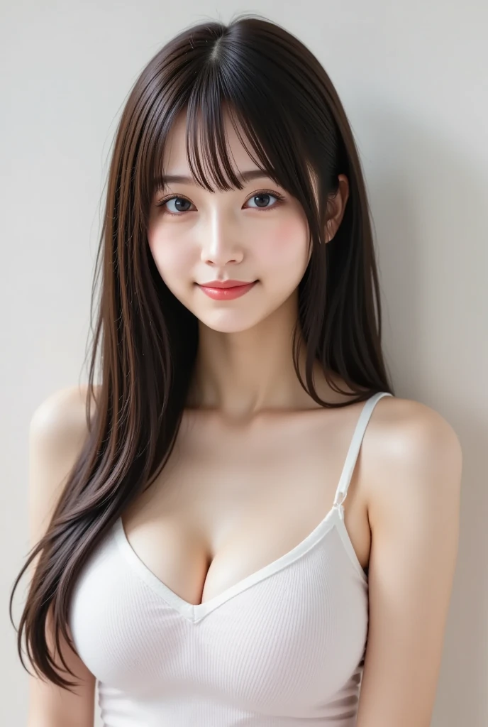 ((​masterpiece、top-quality、high-detail))、女の子1人、(Photorealsitic:1.4)、独奏、White background、with a pure white background、Happy smile、Smile happily、pretty black hair、Shorthair、big eye、Distinct double eyelids、Lashes、Put your ears out、long neck、Absolute area、skirt by the、((Face Close-up))、(Cap、Draw all the shoulders)、age19、Attractive proportions、glowy skin、Clean collarbone、The face of the golden ratio、face perfect、Tear mole、Mole on the chest、bangss、Clean bangs、lipgloss、thin lipss、White-colored skin、barechested、large full breasts、{Gigantic|Big|Huge|Mega} breasts, cleavage、Beautiful pose with arms crossed behind head