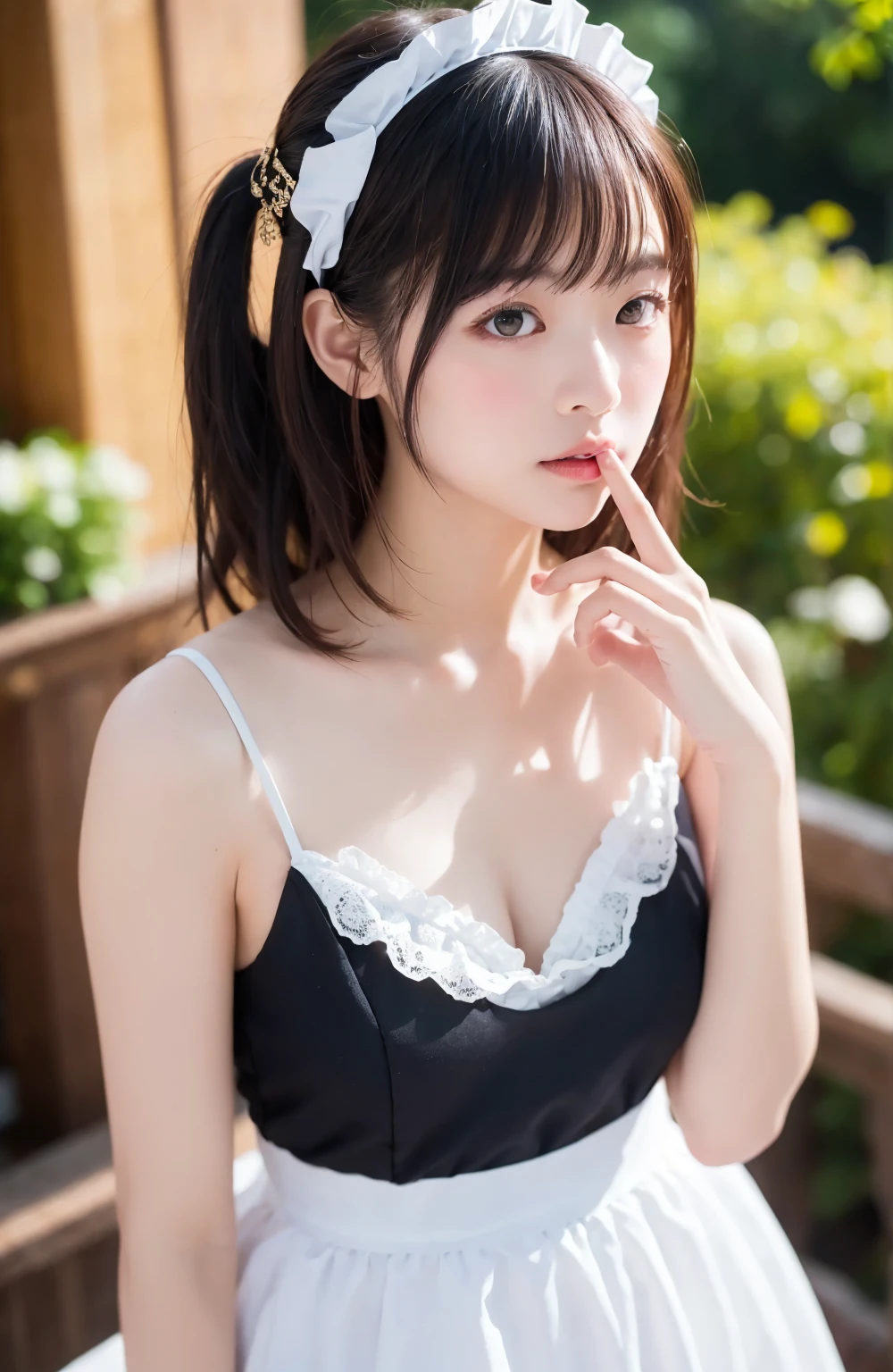 Best quality, Masterpiece, franziskavkarma, Solo, 1girll,,Embarrassed, maid headdress, maid apronl, maid, facingviewer, annoyed,