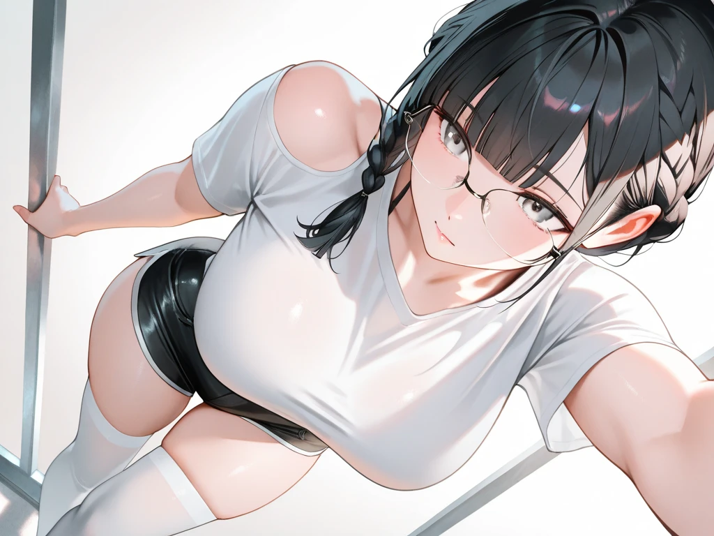 masterpiece,highest quality,wonderful,finely,High resolution,1 girl, big breasts,(leggings:1.3), black hair, glasses, green eyes,twin tails,full body