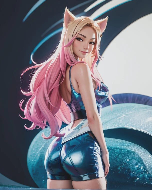 (ultra resolution), ((photorealism)), ((Hyperrealism)), Kitty-N character from Bust a Groove, ultra realistic, green hair, blue eyes, waist up and extremely detailed, wallpaper, 8k,