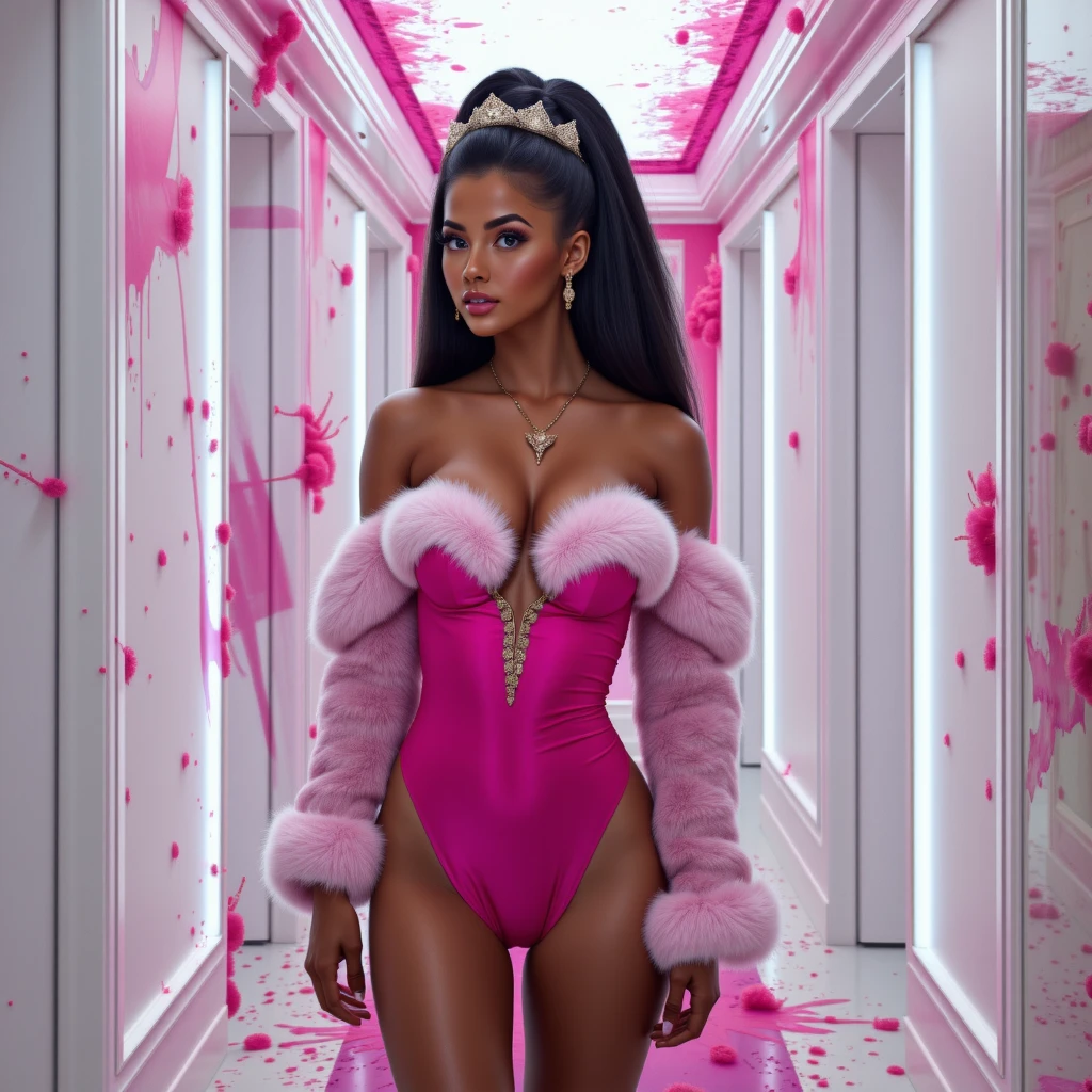 1girl, head phones, under pink bubble water, (18 years old), (Latina), very dark skin, wide shot, (pink strapless dress), (Masterpiece, Professional lighting, 16k, 8k wallpaper, raw photo, photorealistic:1.8, ultra detailed, natural lighting, detailed skin sexy pose, open mouth, big lips, night time, eyes closed, pink light, steam, pink foam