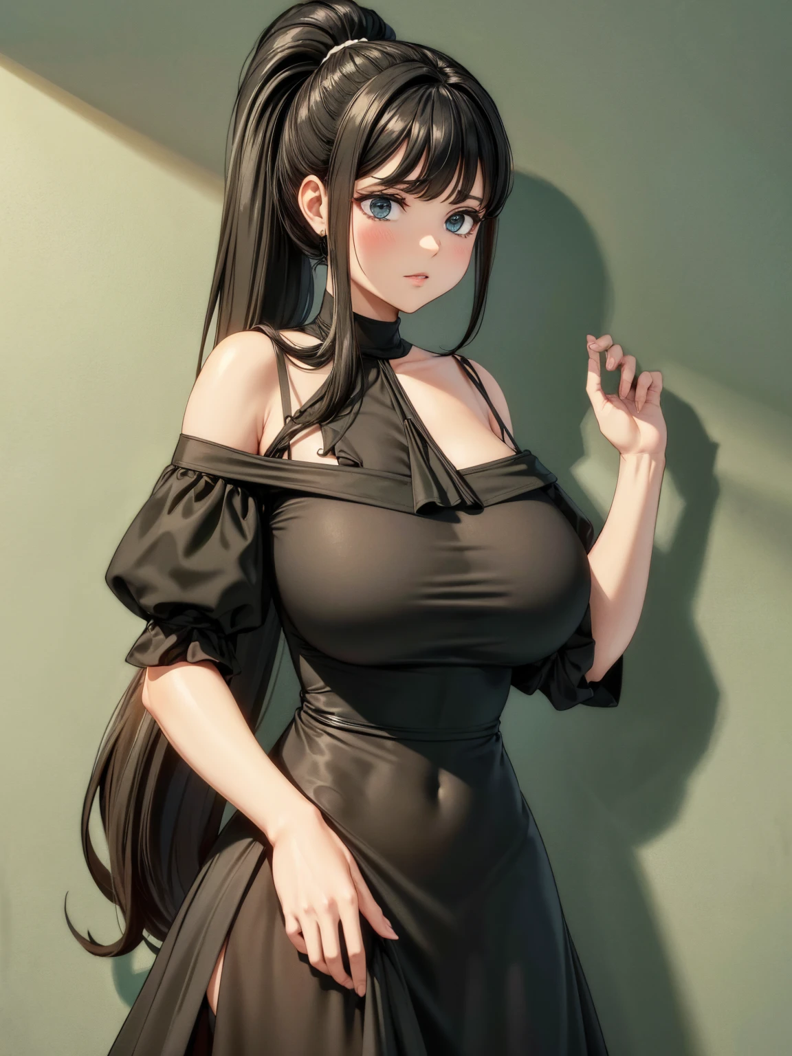 a 20 yo woman、(masterpiece:1.4)、(in 8K、realisitic、Raw photo、top-quality:1.4)、(Real Face:1.4)、(real looking skin:1.3)、超A high resolution、A hyper-realistic、Black eyes、black hair shorthair、耳环、Black dress、(huge-breasted:1.5)、cleavage of the breast、gargantilha、Blushing、alluring face、Embarrassed look、Party Venue、natta、to stand、Holding a glass