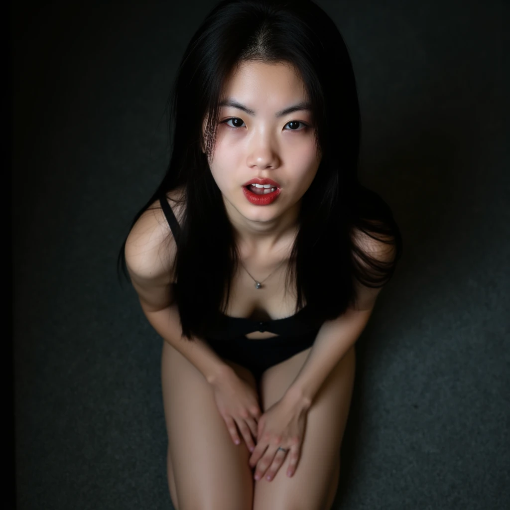 1 korean girl, strikingly beautiful, black hair, red lips,expressive eyes, smile, girl squatting on the floor, spread legs, open legs in an M shape, (highest quality,8k,Realistic photo:1.2),Very detailed, (Realistic,photoRealistic:1.37) Skin Texture,Beautiful korean woman in the US military, Carefully open the door through the rubble and enter the room.,Automatic rifle, (((girl all nude))), Backpack,Injured, intense expression, Dynamic pose, innovative configuration, Portraiture,Dramatic lighting,Colorful palette,
