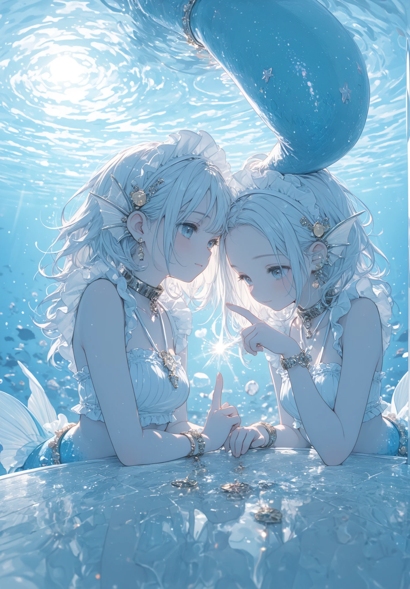 masterpiece, highest quality, shape, Eyes and hair like aquamarine, platinum earrings, platinum necklace, Sea, The Little Mermaid, cute, (dynamic lighting:1.2), cinematic lighting, delicate features, fine eyes, sharp pupils, realistic student, written boundary depth, Bokeh, sharp focus, (very detailed, bloom, shine:1.4), lots of little gems