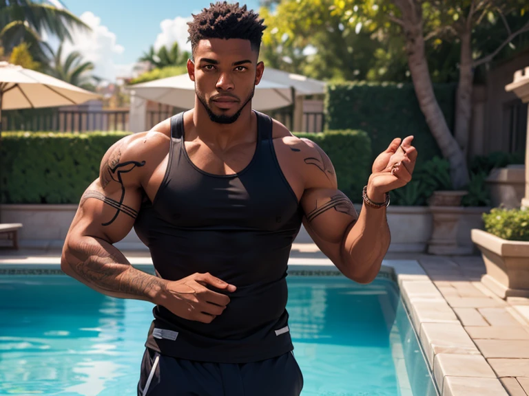 a 20-year-old black guy with dark fadeout hair, wearing blue speedos, big masculine bulge, sat down on the edge of the pool