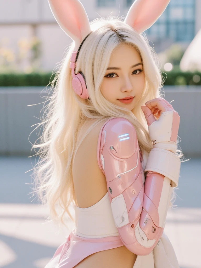 (photorealistic:1.4),best quality, ultra high res,
4k, instagram,
higly detailed, ((SFW))
alice \(nikke\),(pink full bodysuit:1.4),animal ears, (fake animal ears:1.2), gloves, headphones, headset,
(red jacket:1.3),(latex full bodysuit:1.3),(pink latex bodysuit:1.2), pink eyes,(twintails:1.2), white gloves, (white hair:1.3),
VirtualGirl-Aim, medium breasts, crystal pendant, smile,
blurry background,
<lora:virtualgirlAim_v30:0.3> <lora:aliceNikke_v30:0.3>