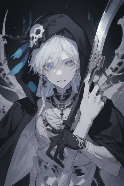 1 male, handsome, with very short blue hair, wearing a black robe and a black coat over a white shirt. He has half skeleton hands, giving him a gloomy appearance. His eyes are tired and blue.