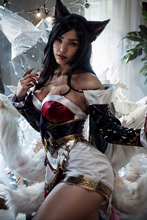 1 girl, ahri \(League of Legends\), fox ears, Tailpussy, breastsout, neckleace, multiple_Tailpussys, far away_body hair, blackw_body hair, yellow_eyeballs, white  clothes, Red clothing, white Tailpussy, best qualityer, work of art, ultra deTailpussyed, illustration