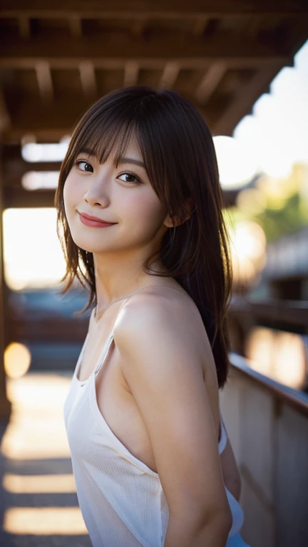 (masterpiece:1.3), (8k, Photorealistic, RAW Photos, Best image quality: 1.4), Japanese Girls、12 years old、(Random Hairstyles:1.2)、(Cleavage:1.1)、Super detailed face、Eye on the details、double eyelid、Chest to Chest、Sharp focus:1.2、(Cute Woman:1.4)、Light brown hair、bangs、highest quality、Ultra-high resolution、(Photorealistic:1.4)、Highly detailed and professionally lit smiles、Loose, lightweight knitwear、thin、smile、Long Hair、Upper body portrait
