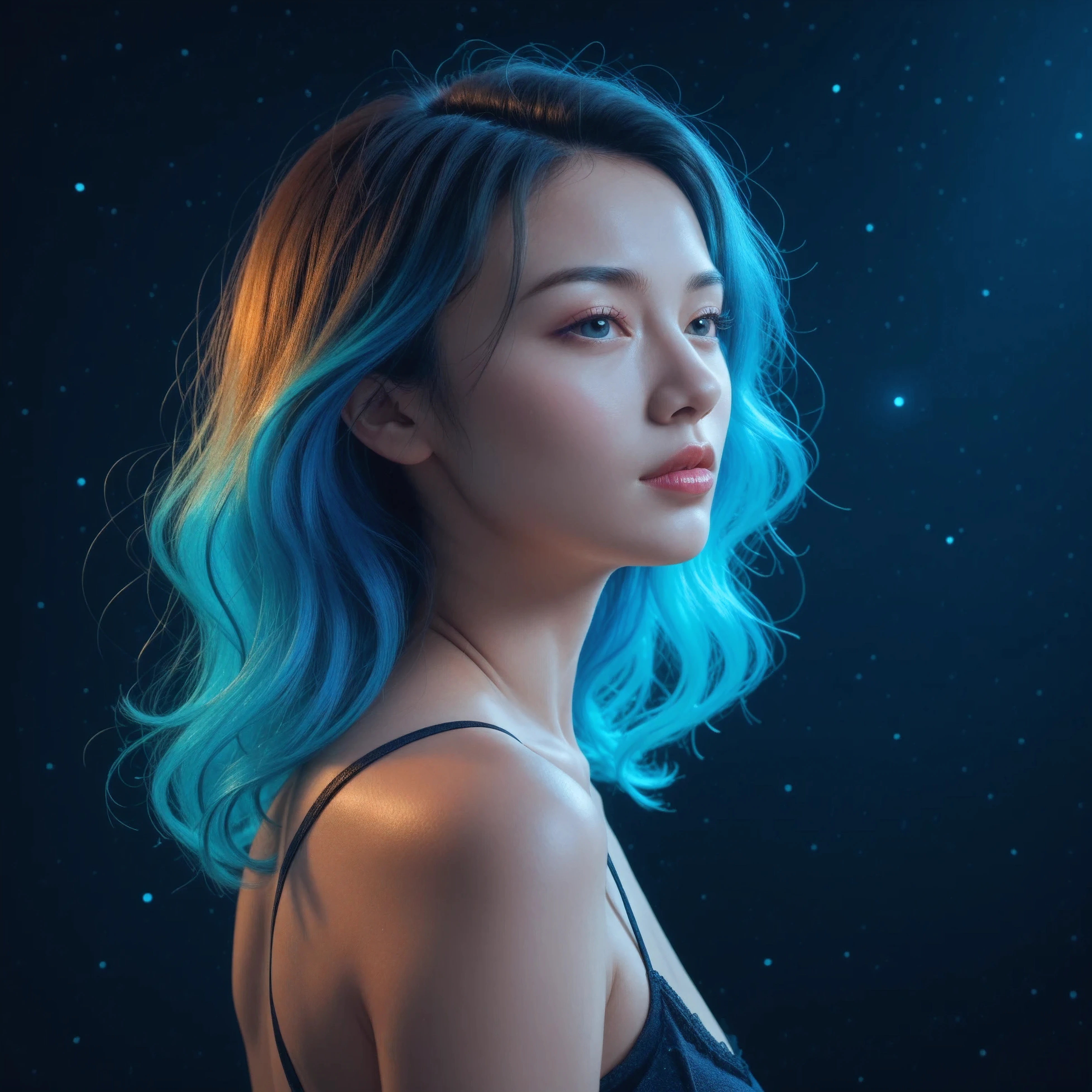 rose girl, blue skies, abstract art, beautiful lips, three colors, space melodies, 4k, high quality, detailed, masterpiece, cinematic, dramatic lighting, ethereal, surreal, digital art, hyperrealistic, 8k, sharp focus, vibrant colors, neon, glowing, dreamlike, cosmic, mystical, magical, fantasy