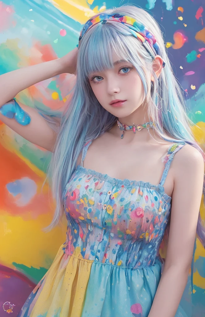 (Pink fashion T-shirt:1.9)、(Colorful髪:1.8)、(all the colours of the rainbow:1.8)、((((Vertical painting:1.6)))、(painterly:1.6)、frontage、Big eyes、long hair、((looking away:1.3))、clear eyes、(虹色のGradationハイポニーテール:1.7)、Exquisite makeup、closed your mouth、(Small Fresh:1.5)、(Wipe Chest:1.6)、long term、A teary-eyed man wearing a white off-shoulder T-shirt、(rainbow colored hair:1.6)、explosion of colors, Messy lines, ((shine)), (Colorful), Chic paint style, (splash of color), Vertical painting, NSFW、 paintの飛沫, Acrylic Pigment, Gradation, Depth of bounds written, facepaint, Colorful服, (elegant: 1.2), nice,hair length, Wind, (elegant: 1.3), (petal:1.4)、(((masterpiece)))、(((highest quality)))、((super detailed))、(dynamic angle)、((floating))、(paint)、((messy hair))、(solo)、((beautiful and detailed face))、gray hair、((Colorful髪))、(((striped hair))、beautiful and fine eyes、(Gradationカラーの目)、(Colorful背景))))、((((high color saturation))))、(((Colorful水しぶきに囲まれている)))、(I can see the cleavage:1.2)、correct state of the human body、posing the model、whole body、Turning around、((from overhead:1.7))