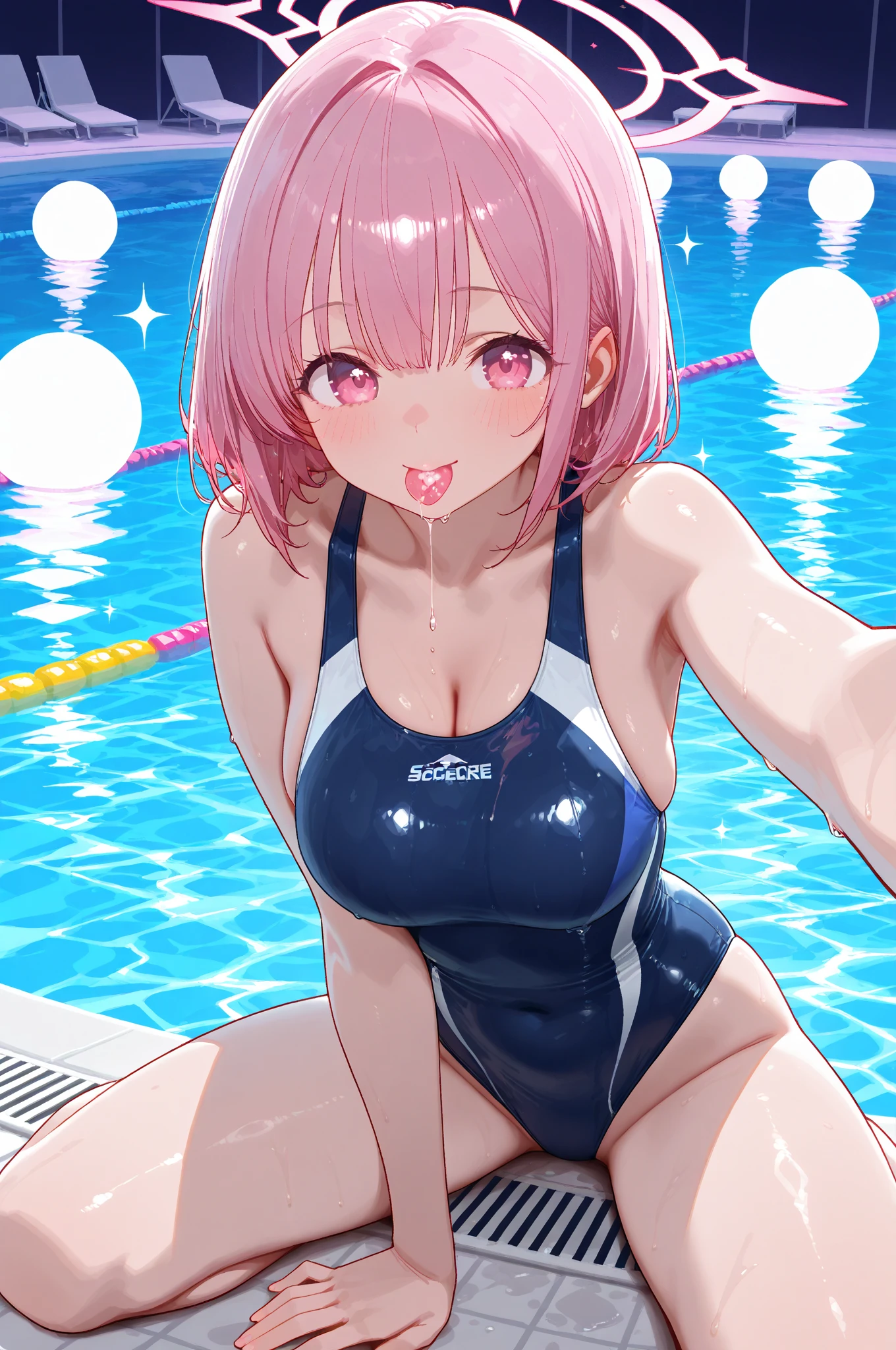 (Highly detailed CG Unity 8k wallpaper),(masterpiece), (highest quality), (Super detailed), (Best illustrations),(Best Shadow), Large Breasts White and pink gradient hair Doing exercises by the school pool School Swimsuit Wet Being watched by men Embarrassed expression