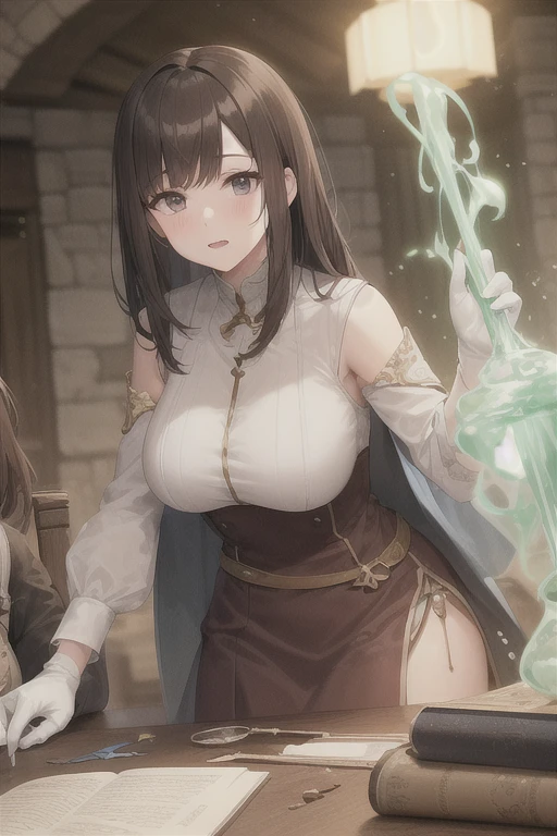score_9, score_8_up, score_7_up, source_anime, 1girl, solo, tgrants, brown hair, long hair, hair over one eye, brown dress, bare shoulders, detached sleeves, white gloves, red thighhighs, standing, nervous, blushing, smiling, hands on ass, cowboy shot, looking down, potion room, from behind