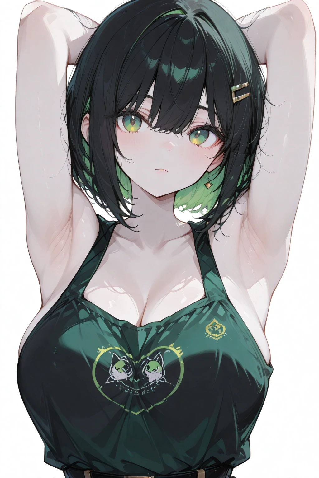 Cute girl, short black hair, green eyes, green tank top, wide black belt, short green skirt, big breasts