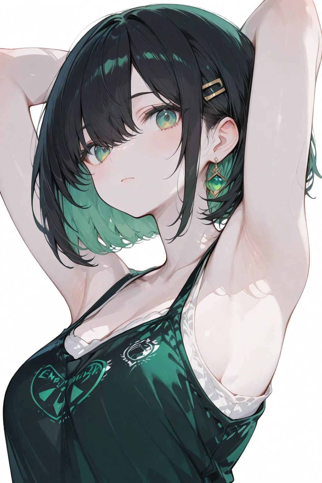 Hot girl with her hair tied up in a messy bun, two strands of hair down the front, curvy, slim, medium breasts, bold, elegant, off shoulder crop top, strapless, lacy black choker, jade hairpin, small shorts, anime style