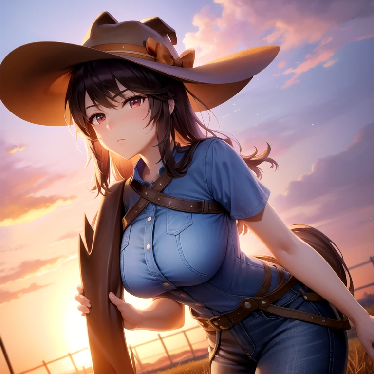 1girl in,Sexy cowgirl sitting on a barrel and staring at me,Very cute,black hair braid,ssmile,tre anatomically correct,Precise fingers,Slender but big breasts,a navel,thin and beautiful legs,Sexy cowgirl,Western Boots,photorealisim,​masterpiece,Western drama,