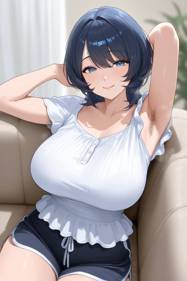 1girl, mature female, older, huge breasts, milf, motherly, wide hips, curvy, tomboy, straight hair, short hair, blunt bangs, black hair, black eyes, white t-shirt, jeans, collarbone, lips, score_9, score_8_up, score_7_up, score_6_up, source_anime, Accurate describe shapes, beautiful face, expressive eyes, looking at viewer, solo, close-up, sitting, sofa, indoors, scenery, dramatic lighting, seductive smile