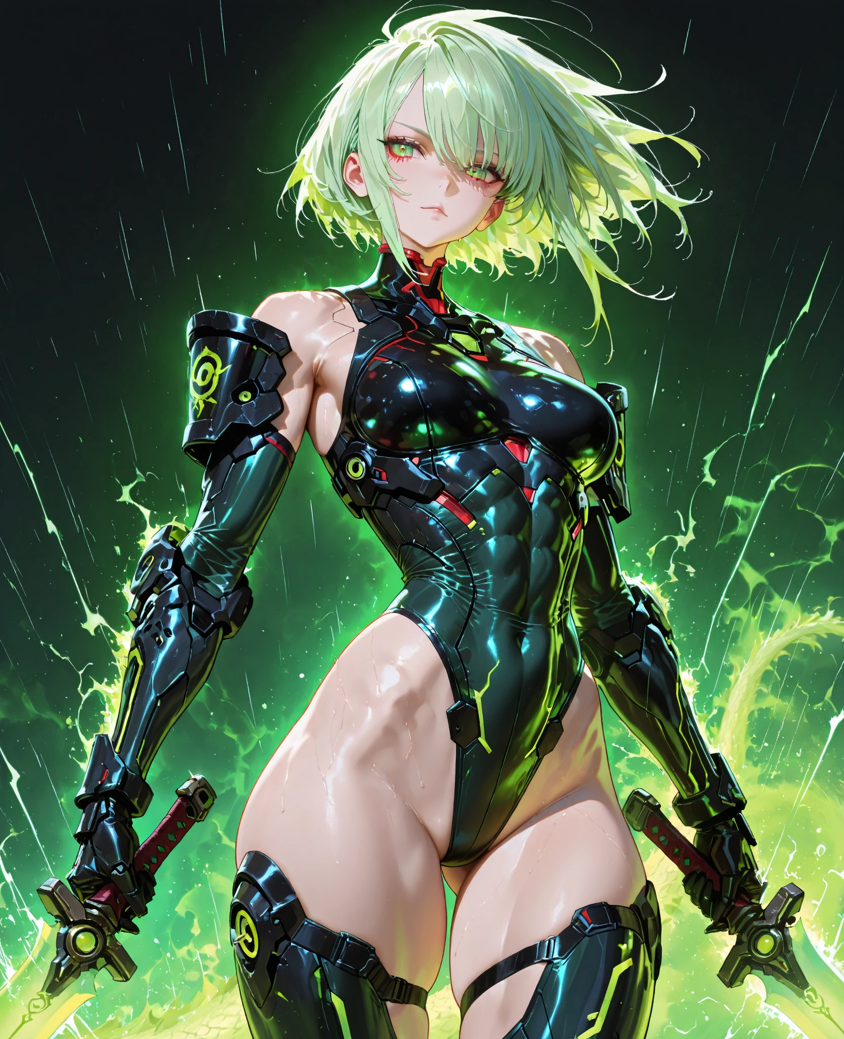 Muscular mature female humanoid, (green skin:1.3, colored skin:1.2), busty and wide hips upper body, two tone lighting